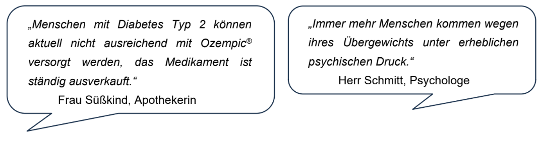 Zwei Sprechblasen mit Aussagen zu Diabetes, Medikamentenmangel und Übergewicht.